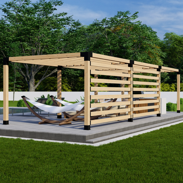 Up to 36' x 12' Free-Standing Pergola w/ Straight Inline 2x6 Roof Slats and 2 Privacy Walls
