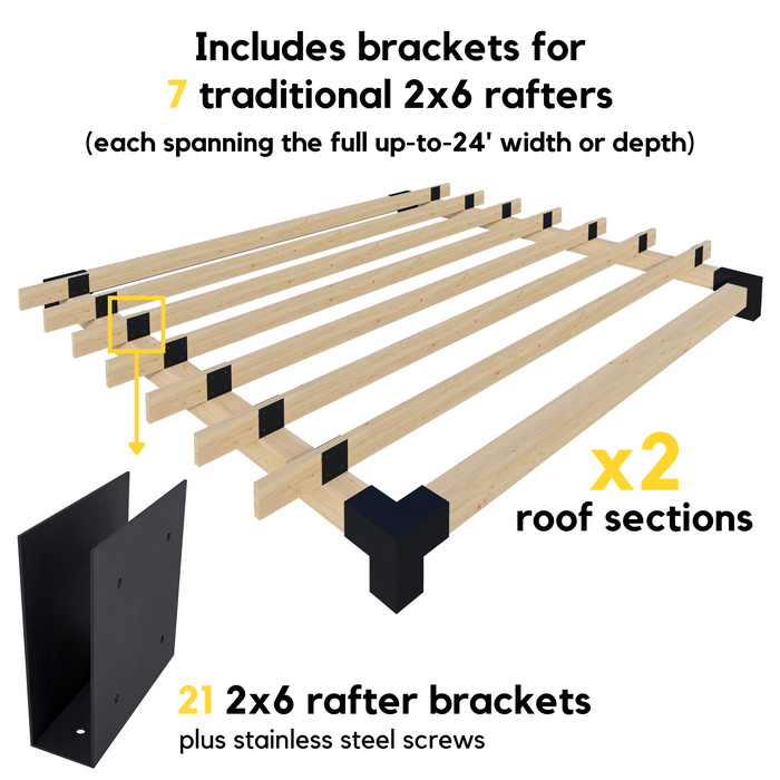 Attached Pergola Kit for 6x6 Wood Posts (Any Size Up to 12' Attached x 24') - With Traditional Roof Rafters + 2 Privacy Walls (Medium Spacing)