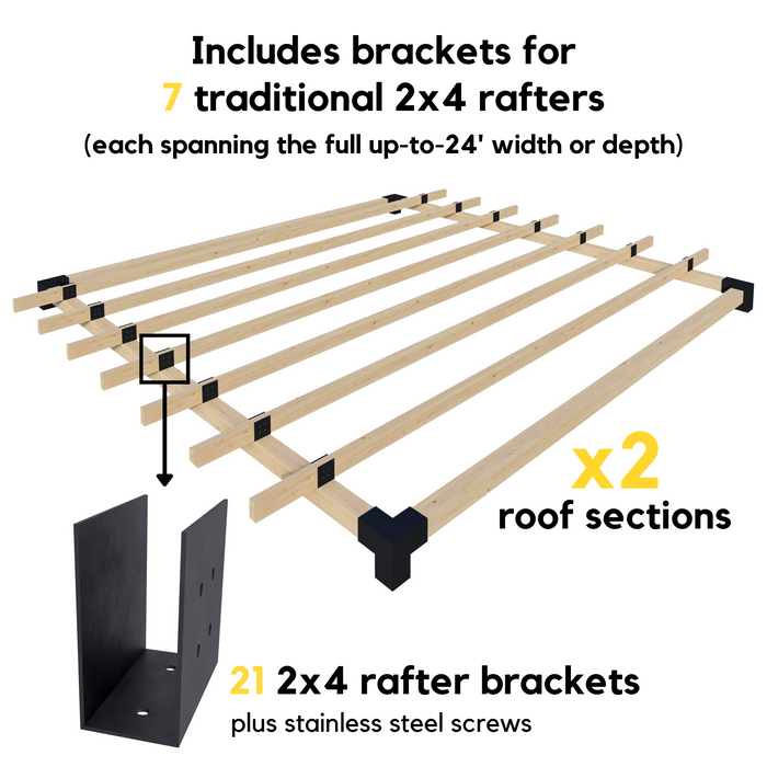 Attached Pergola Kit for 4x4 Wood Posts (Any Size Up to 12' Attached x 24') - With Traditional Roof Rafters + 2 Privacy Walls (Medium Spacing)