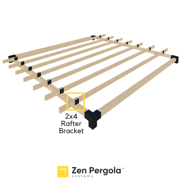 009 - Schematic drawing showing how 2x4 rafter brackets can be used to add traditional roof rafters on top of pergola beams