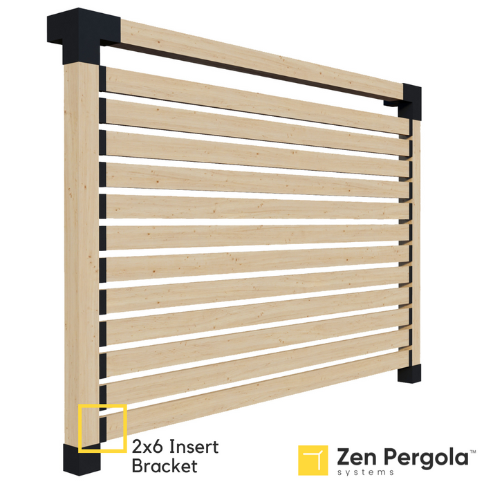 058 - Schematic drawing illustrating how 2x6 insert brackets can be used to install straight 2x6 privacy wall slats on a pergola