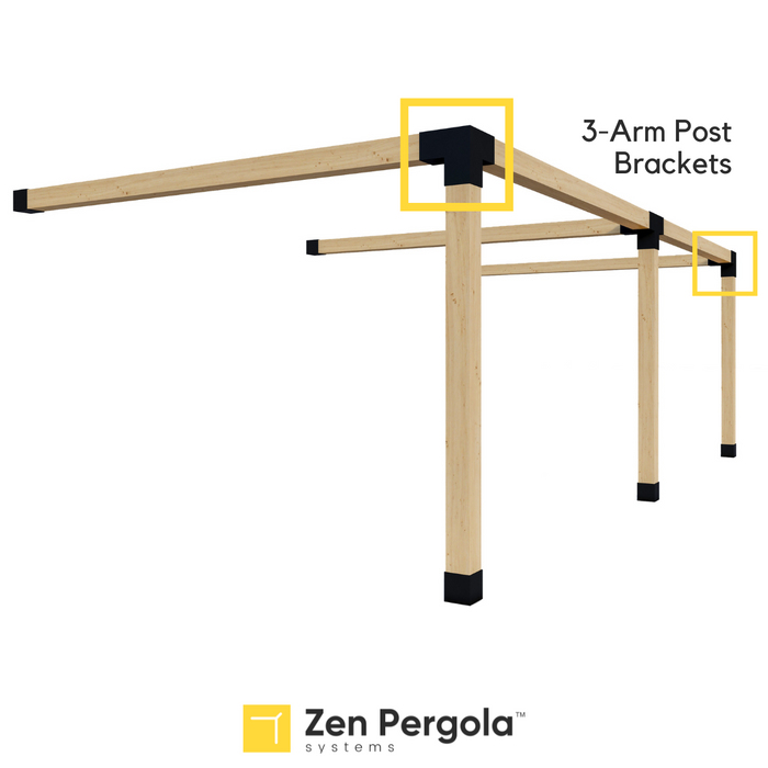053 - Schematic drawing showing how 3-arm post brackets are used in the top corners of a pergola