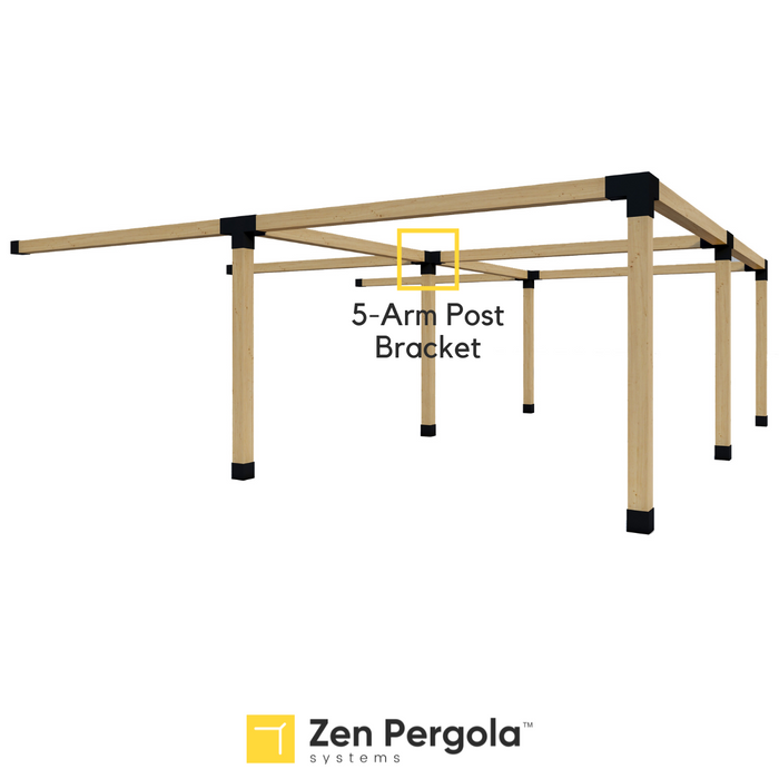 055 - Schematic drawing showing how a 5-arm post bracket is used in the middle of a 4-section pergola