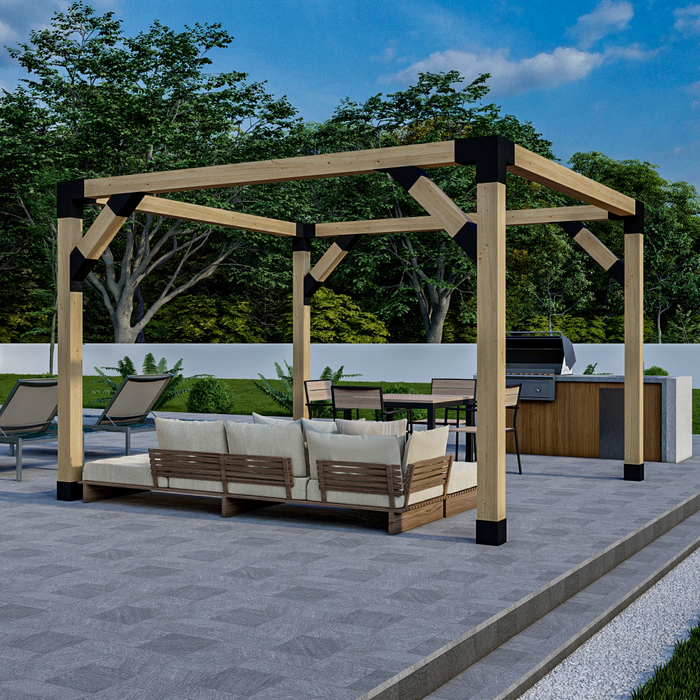 085 - A single free-standing pergola with 4 corner supports (using 8 corner support brackets) covering a poolside patio