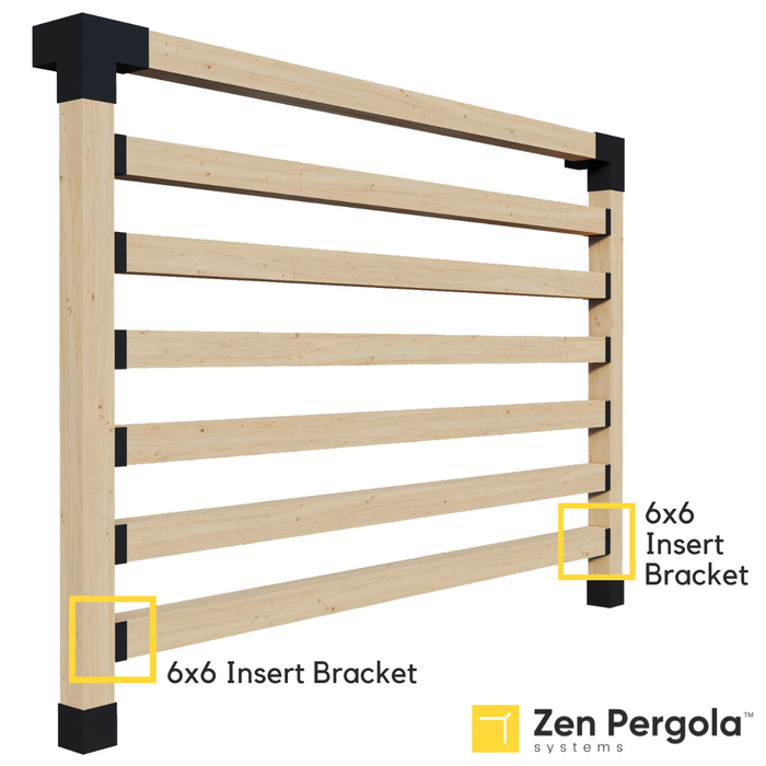 057 - Schematic drawing showing how 6x6 insert brackets can be used to install 6x6 posts to form a pergola privacy wall