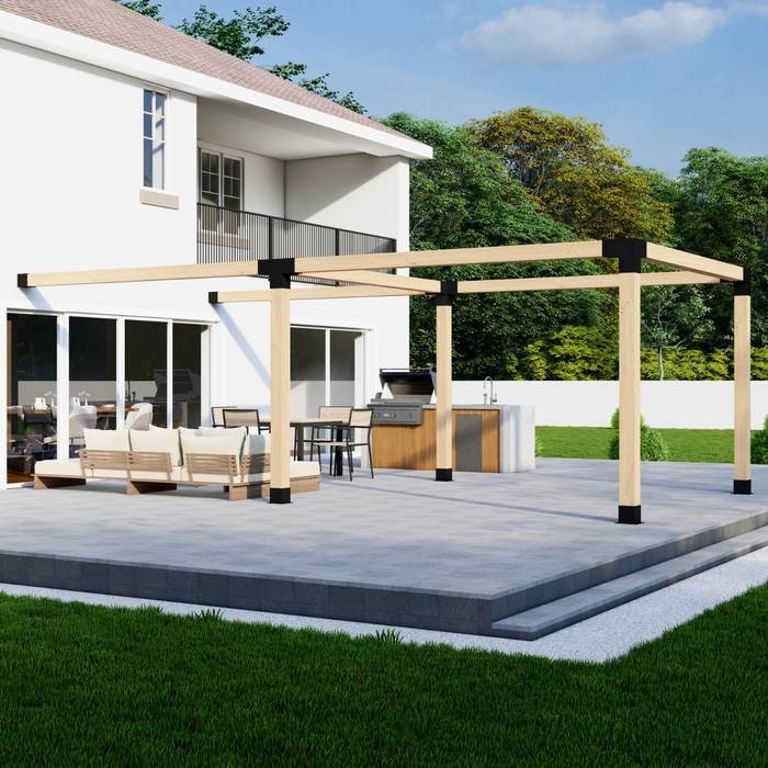 250 - Angled view of a double attached-to-house pergola kit 6x6 frame (1x2) over a home's back patio