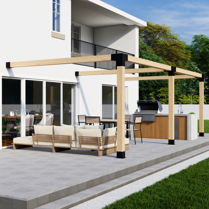 350 - Angled view of a double attached-to-house pergola kit 6x6 frame (2x1) over a home's back patio