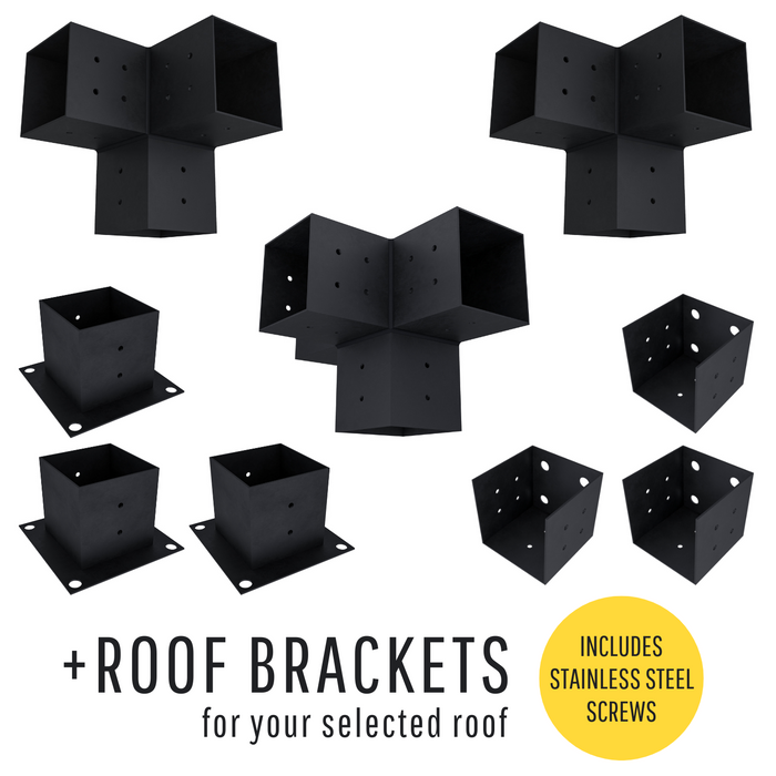 316 - Pergola kit includes 3 base brackets, 3 wall-mount brackets, 2 3-arm post brackets, 1 4-arm post bracket, rafter brackets for your chosen roof style, and all necessary screws