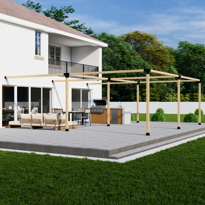 400 - Angled view of a quad attached-to-house pergola kit 4x4 frame over a home's back patio