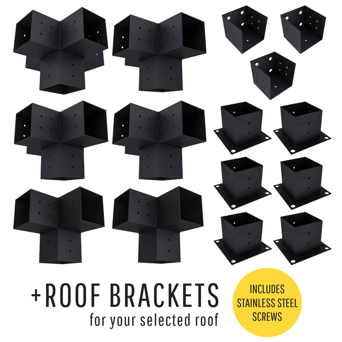 404 - Pergola kit includes 6 base brackets, 3 wall-mount brackets, 2 3-arm brackets, 3 4-arm brackets, 1 5-arm bracket and all necessary screws