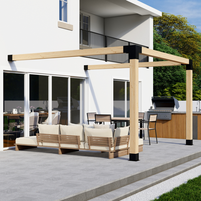 150 - Angled view of a single attached-to-house pergola kit 6x6 frame over a home's back patio