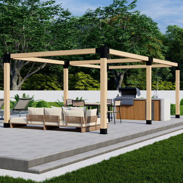 650 - Angled view of a double free-standing pergola kit 6x6 frame over a backyard patio