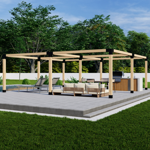 850 - Angled view of a quad free-standing pergola kit 6x6 frame over a poolside backyard patio