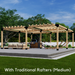 Free-standing quad pergola with medium-spaced traditional rafters atop beams