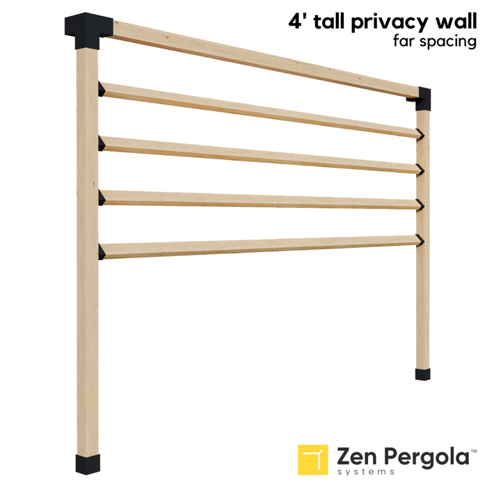 031 - A 4-foot tall pergola privacy wall comprised of 2x4 slats angled at 45 degrees with far spacing