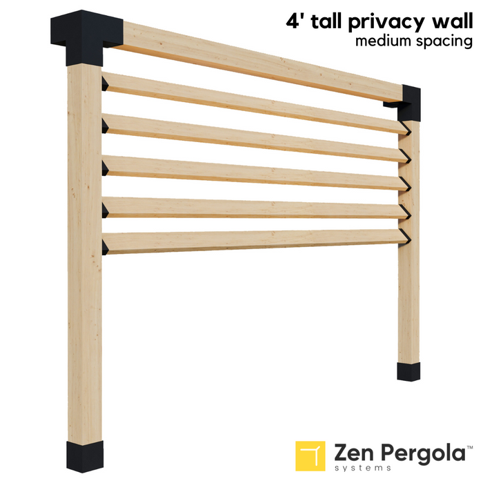 081 - A 4-foot tall pergola privacy wall comprised of 2x6 slats angled at 45 degrees with medium spacing