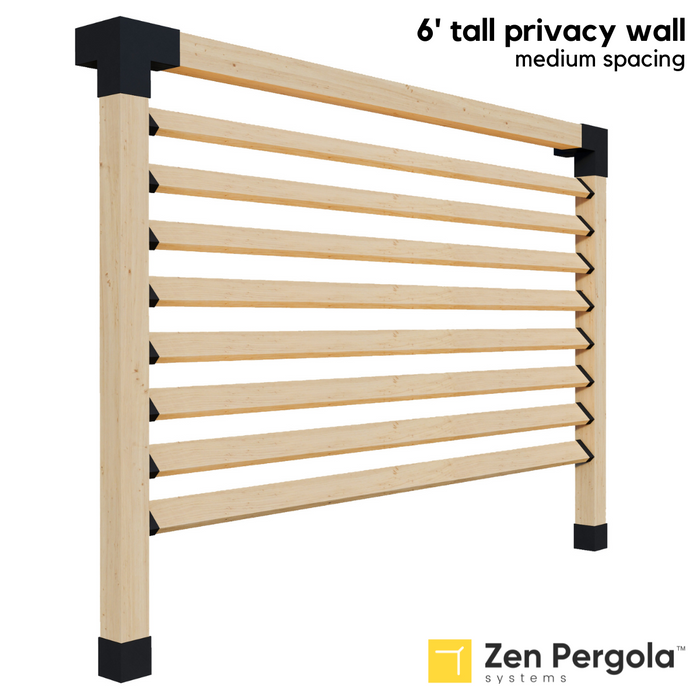 081 - A 6-foot tall pergola privacy wall comprised of 2x6 slats angled at 45 degrees with medium spacing