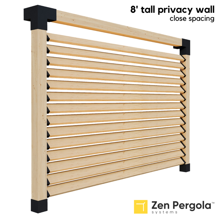 081 - An 8-foot tall pergola privacy wall comprised of 2x6 slats angled at 45 degrees with close spacing