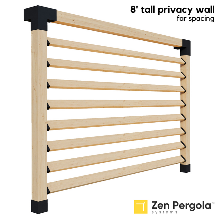 081 - An 8-foot tall pergola privacy wall comprised of 2x6 slats angled at 45 degrees with far spacing
