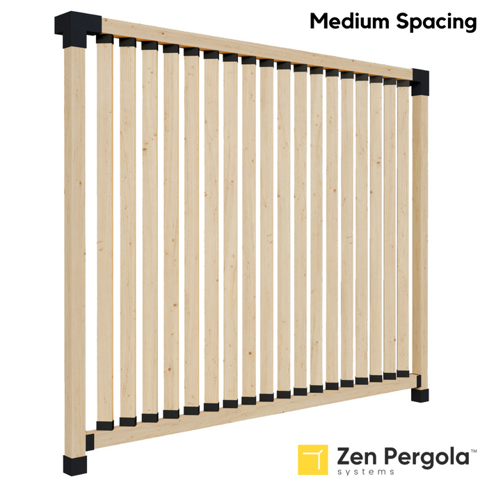 033 - A pergola privacy wall comprised of a lower horizontal 4x4 post with vertical 2x4s with medium spacing