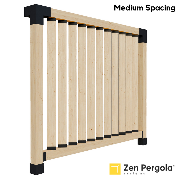 083 - A pergola privacy wall comprised of a lower horizontal 6x6 post with vertical 2x6s with medium spacing