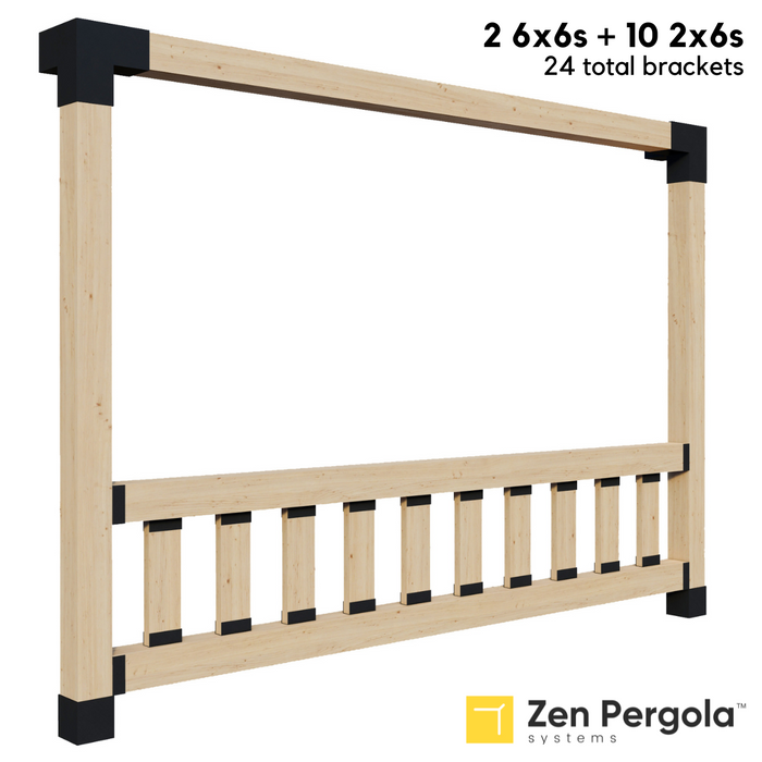 093 - A pergola wall with a side railing kit with top and bottom horizontal 6x6 posts with 10 vertical 2x6 short slats between them