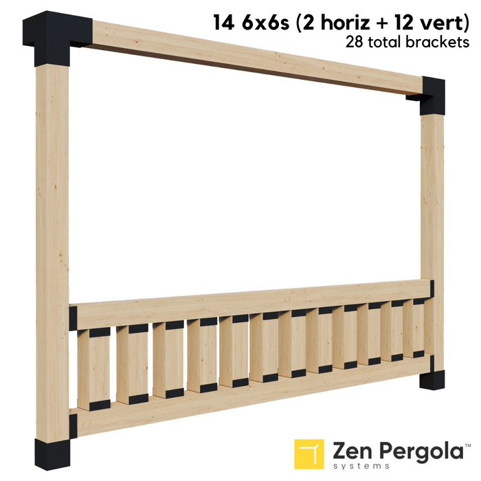 093 - A pergola wall with a side railing kit with top and bottom horizontal 6x6 posts with 12 vertical 6x6 short posts between them