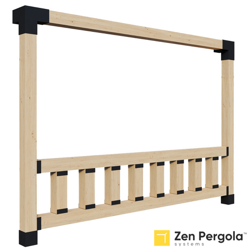 093 - A pergola wall with a side railing kit with top and bottom horizontal 6x6 posts with 8 vertical 6x6 short posts between them