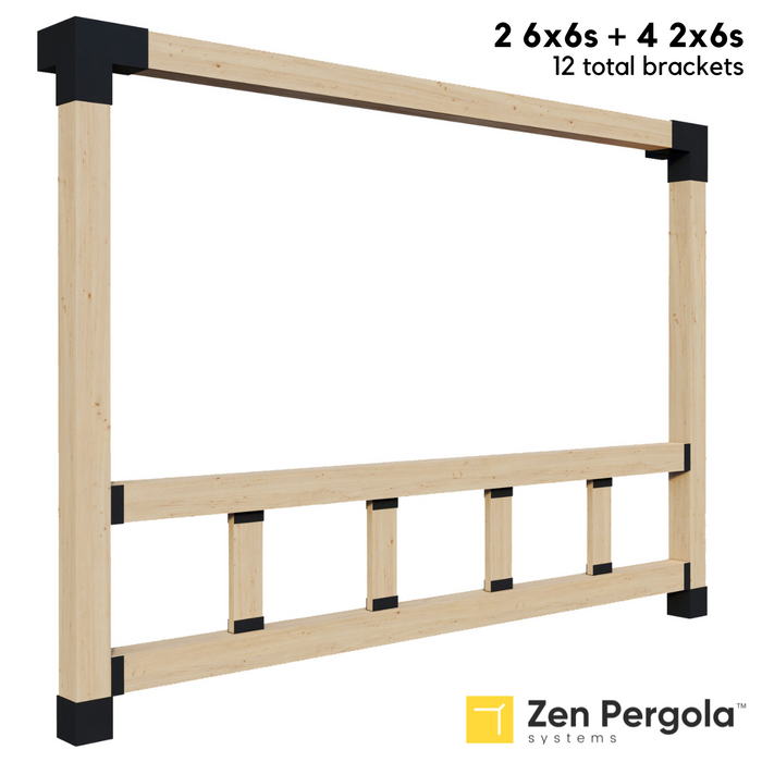 093 - A pergola wall with a side railing kit with top and bottom horizontal 6x6 posts with 4 vertical 2x6 short slats between them