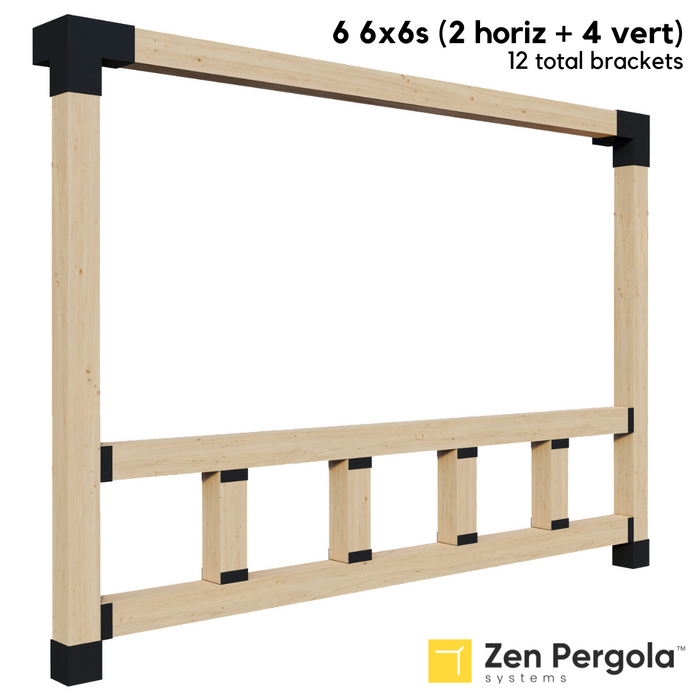 093 - A pergola wall with a side railing kit with top and bottom horizontal 6x6 posts with 4 vertical 6x6 short posts between them